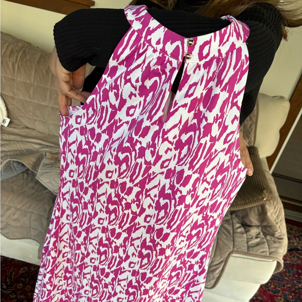 Ellie Kai Halter dress sleeveless 10 pink stretchy,  grecian twist at neck